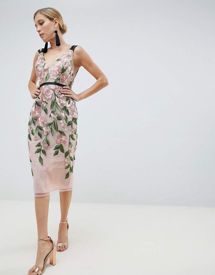 DESIGN Floral Embroidered Pencil Midi Dress
