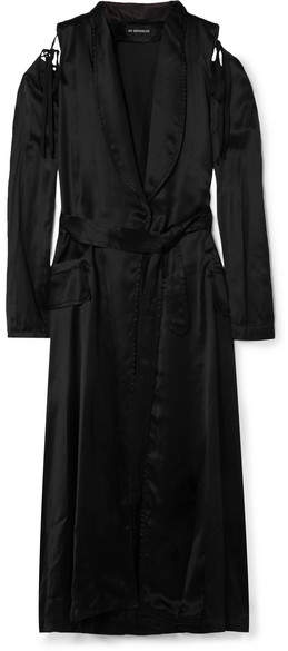 Convertible Belted Satin Coat - Black