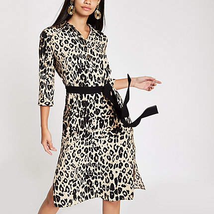 Womens Brown leopard print tie waist shirt dress