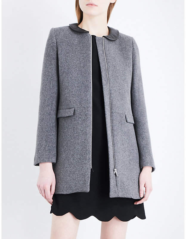 Faux-leather collar wool and cashmere-blend coat