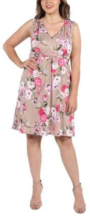 24Seven Comfort Apparel Lauren Brown and Pink Floral Empire Waist Plus Size Dress