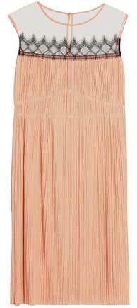 Tulle-Paneled Lace-Trimmed Plissé Dress