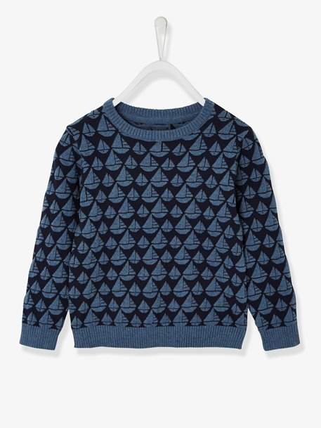 Boys' Two-Tone Jumper with Jacquard Motif - blue dark all over printed