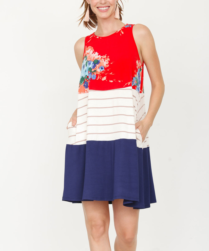 Red & Navy Floral Color Block Sleeveless Dress - Women & Plus