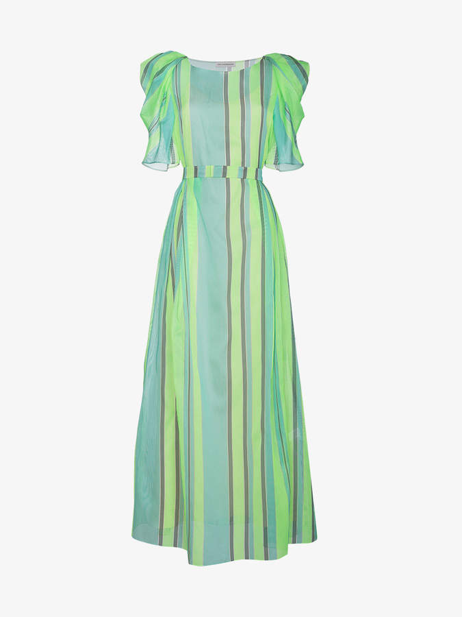 Striped silk maxi dress with puffed sleeves