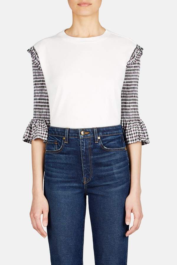 | Ruched Sleeve Crewneck Tee - Off White | Size L | Black