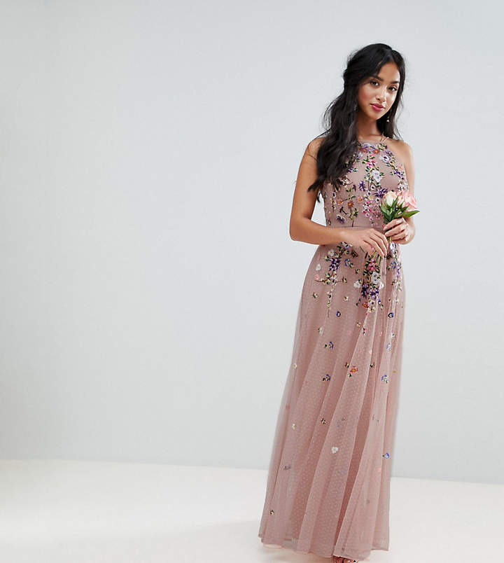 Buy DESIGN Petite – Maxikleid aus gepunktetem Netzstoff mit Blumenstickerei und Spaghettiträgern!