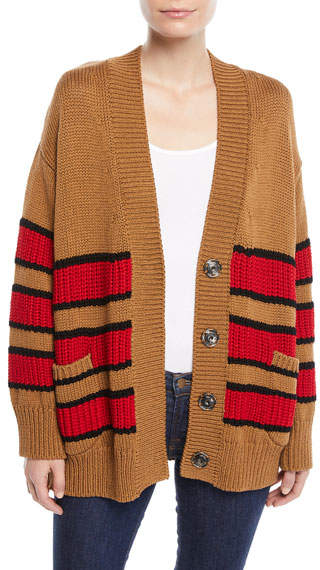 No. 21 Striped Oversized Snap-Front Cotton Cardigan