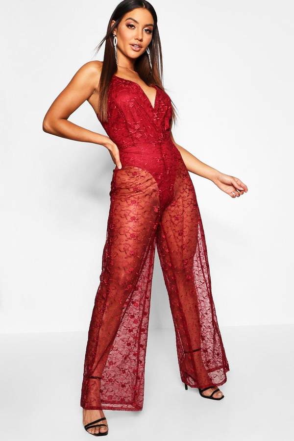Embrioidered Lace Plunge Jumpsuit
