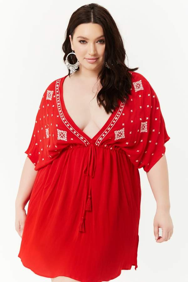 Plus Size Embroidered Tribal-Inspired Mini Dress