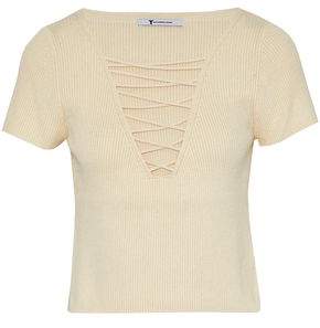 Cropped Lace-Up Ribbed Cotton And Cashmere-Blend Top