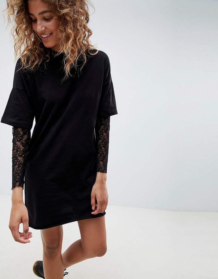 DESIGN t-shirt dress with lace sleeves