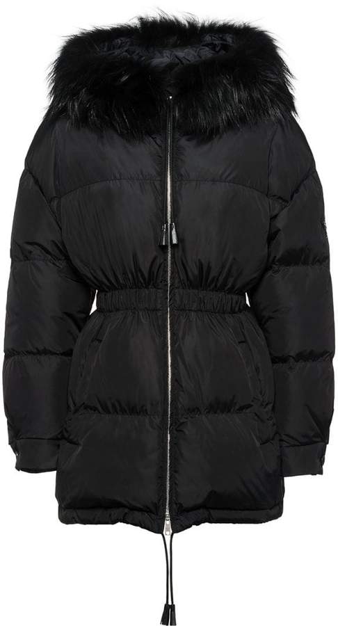 Feather nylon puffer jacket with fur