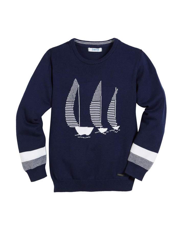 Sailboat Intarsia Long-Sleeve Sweater, Size 4-7