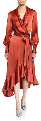 Zimmermann Espionage Blouson-Sleeve Silk Midi Wrap Dress