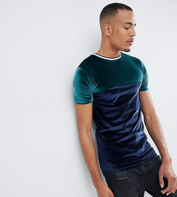 DESIGN Tall – Muskel-T-Shirt aus Velours mit abgesetzter Passe und Zierstreifen