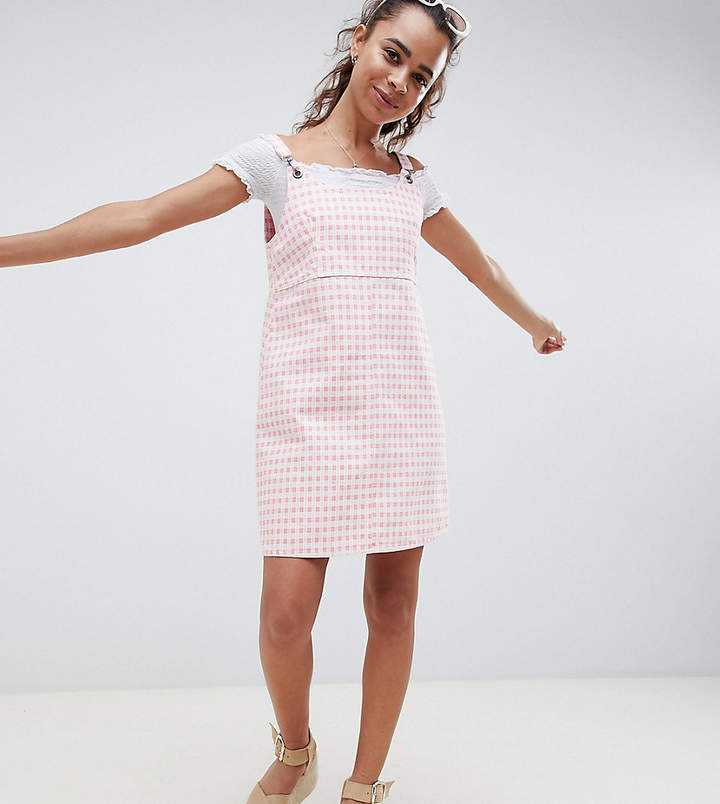 DESIGN Petite denim gingham pinafore dress
