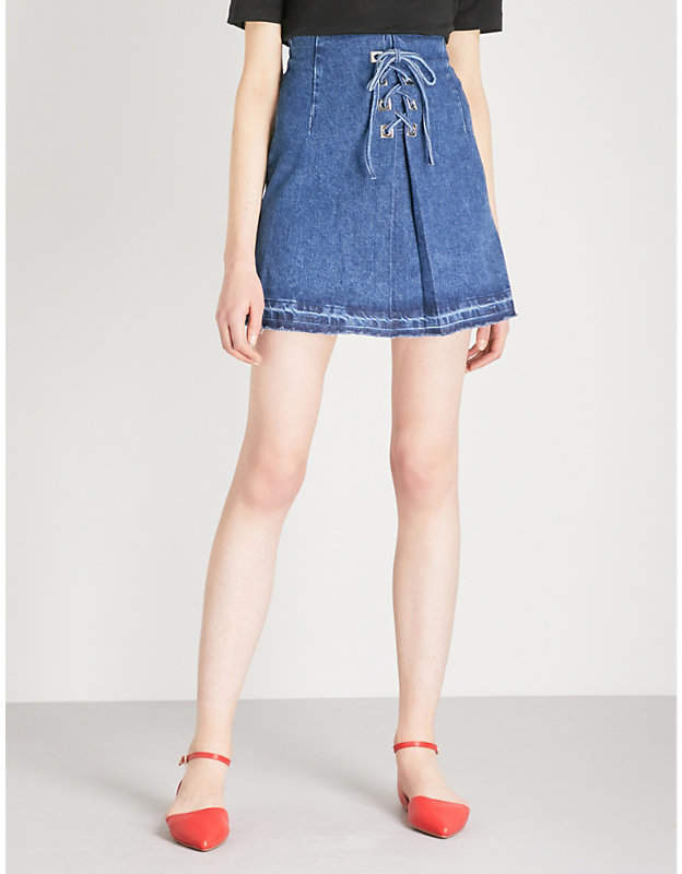 Lace-up front denim skirt