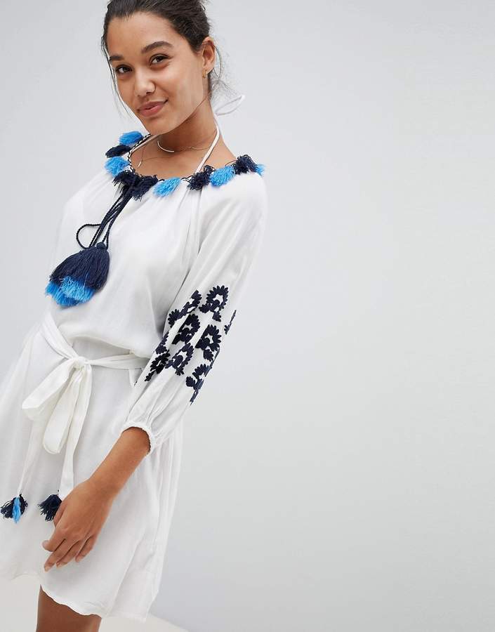 America & Beyond Beach Tunic Dress With Blue Embroidery