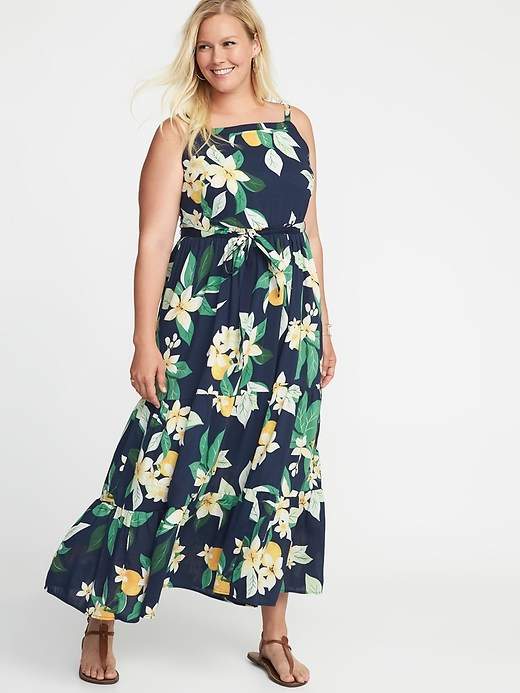 Tie-Belt Plus-Size Tiered Maxi Dress