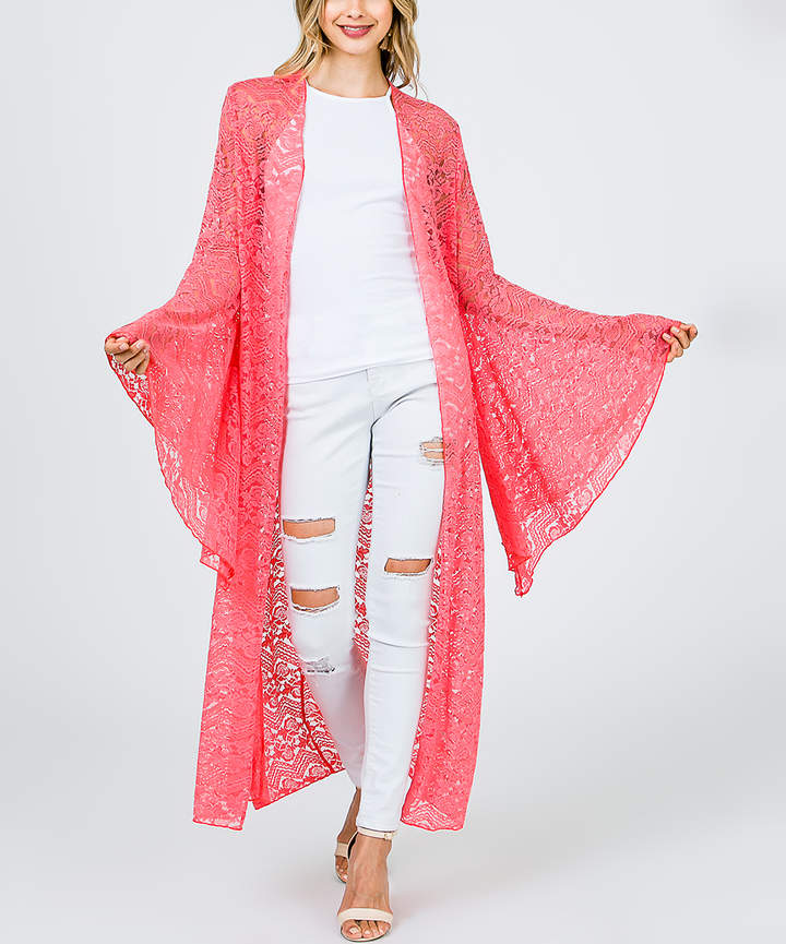 Coral Lace Bell-Sleeve Kimono - Women & Plus