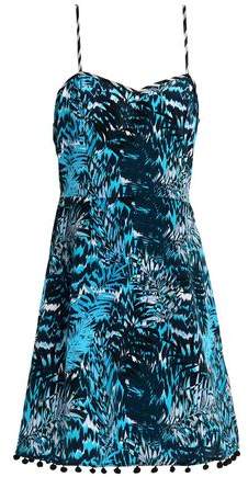 Pompom-Trimmed Printed Silk Mini Dress