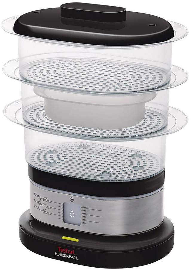 VC135215 Mini Compact Food Steamer, Three Tier, 6.5L Food Capacity - Black And Chrome
