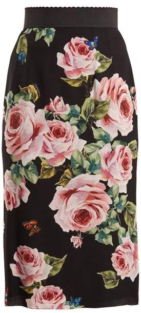 Rose-print stretch-silk skirt