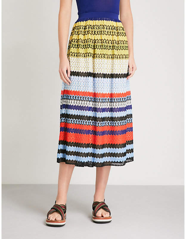 Striped geometric-knit midi skirt