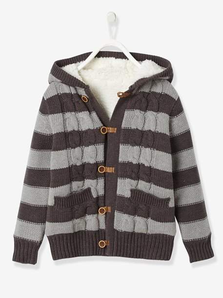 Boys' Lined Cardigan with Hood - grey dark mixed color