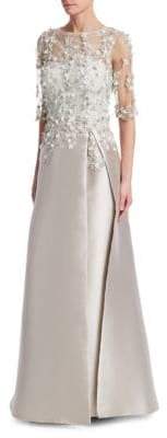 Teri Jon by Rickie Freeman Floral-Applique Embellished Gown