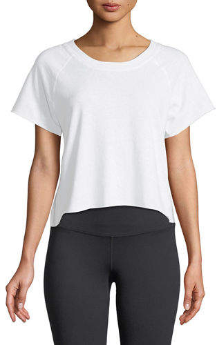 Raw-Edge Scoop-Neck Side-Stripe Sweatshirt Top