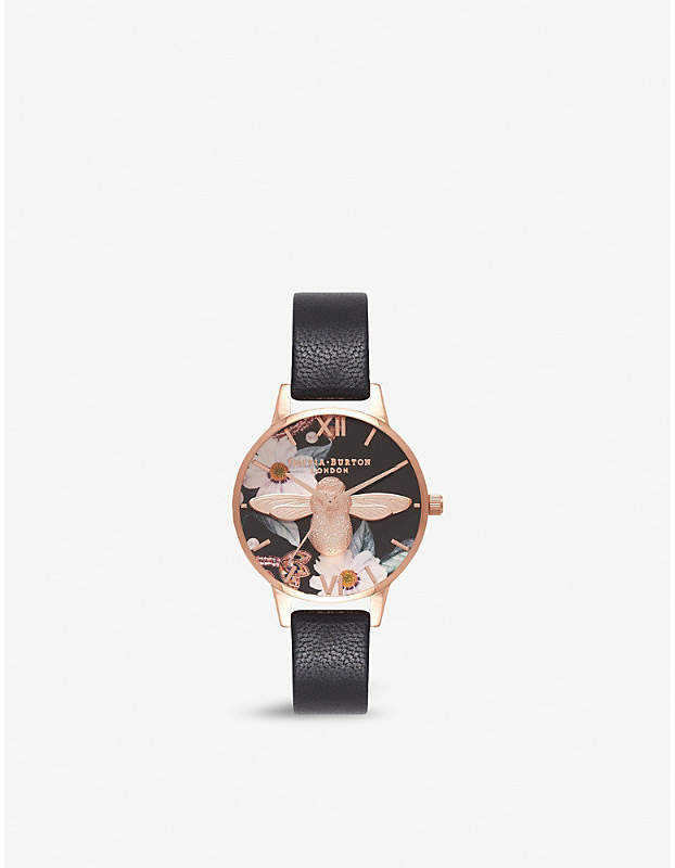 Botanical 3D bee rose-gold and leather watch