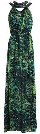 Belted Embellished Printed Silk-Chiffon Gown