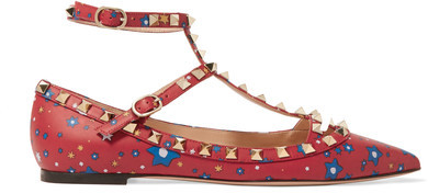 Valentino - The Rockstud Printed Leather Point-toe Flats - Red