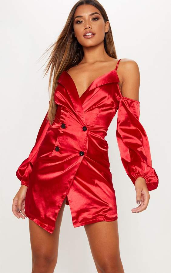 Red Satin Cold Shoulder Balloon Sleeve Blazer Dress