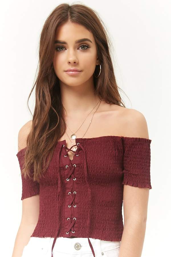Smocked Off-the-Shoulder Lace-Up Crop Top