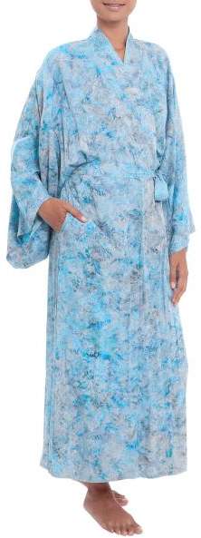 Ubud Grove Green and Blue Batik Print Long Sleeved Rayon Robe with Belt