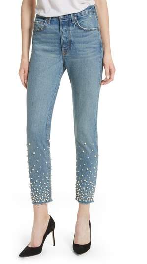 Karolina Faux Pearl & Crystal Embellished Rigid High Waist Skinny Jeans