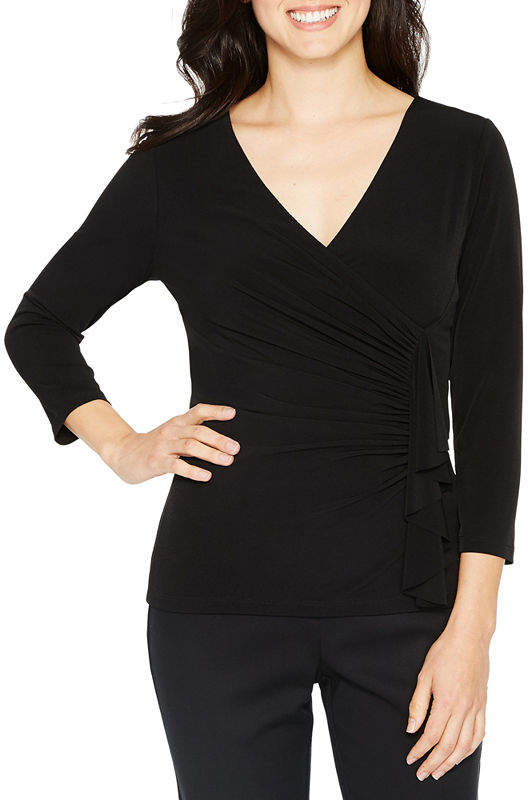 BLACK LABEL BY EVAN-PICONE Black Label by Evan-Picone 3/4 Sleeve V Neck Jersey Ruffled Blouse