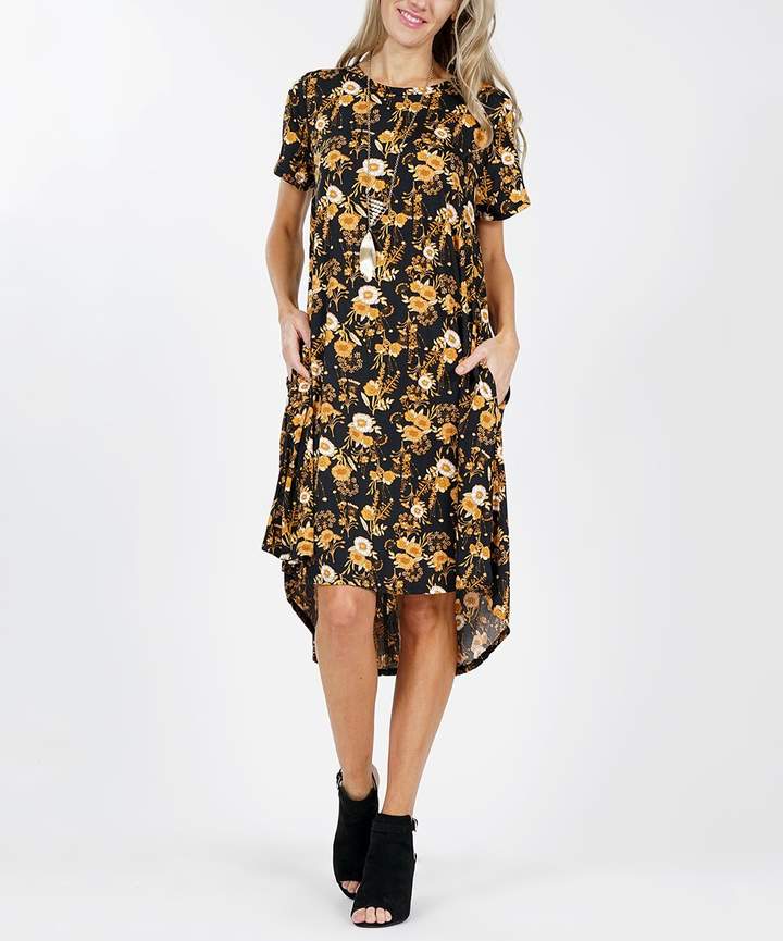 Black & Yellow Floral Side-Pocket Hi-Low Dress - Plus