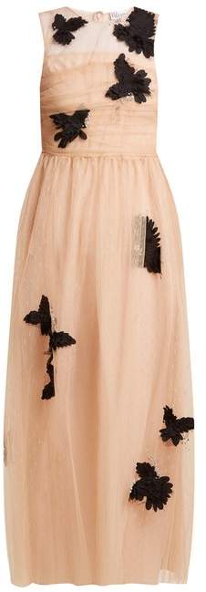 Ruched bird-appliqué tulle dress