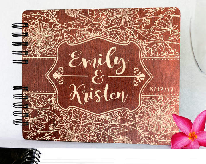 Etsy Personzlied Flower Design Wedding Guest Book 8.5x7 Rustic Wood Engraved Unique Bride Groom Guest Alb