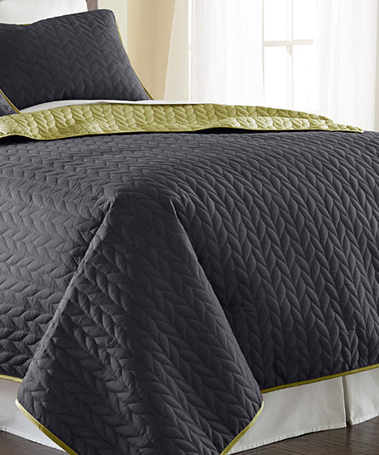 Steel Gray & Bamboo Reversible Quilted Coverlet Se...