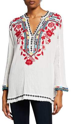 Johnny Was Belvedere Long-Sleeve Embroidered Gauze Blouse