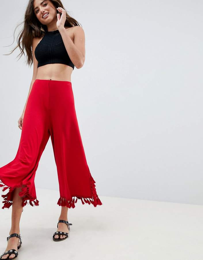 DESIGN cropped wide leg pants with large tassel hem