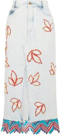 Lace-Trimmed Embellished Denim Midi Skirt