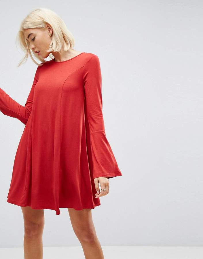 Mini Swing Dress with Seam Detail and Trumpet Sleeve