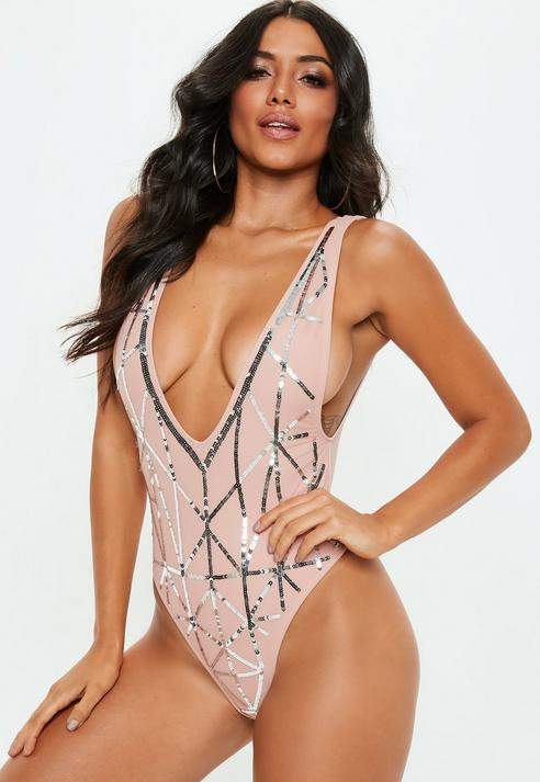 Nude Sequin Front Plunge Swimsuit, Nude