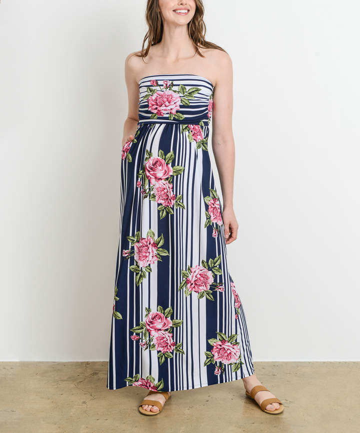 Navy & Ivory Floral Off-Shoulder Maternity Maxi Dress